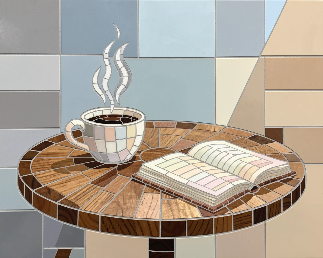 A charming, nostalgic scene of a cozy café table with a steaming cup of coffee beside an open journal, evoking calm and comfort.