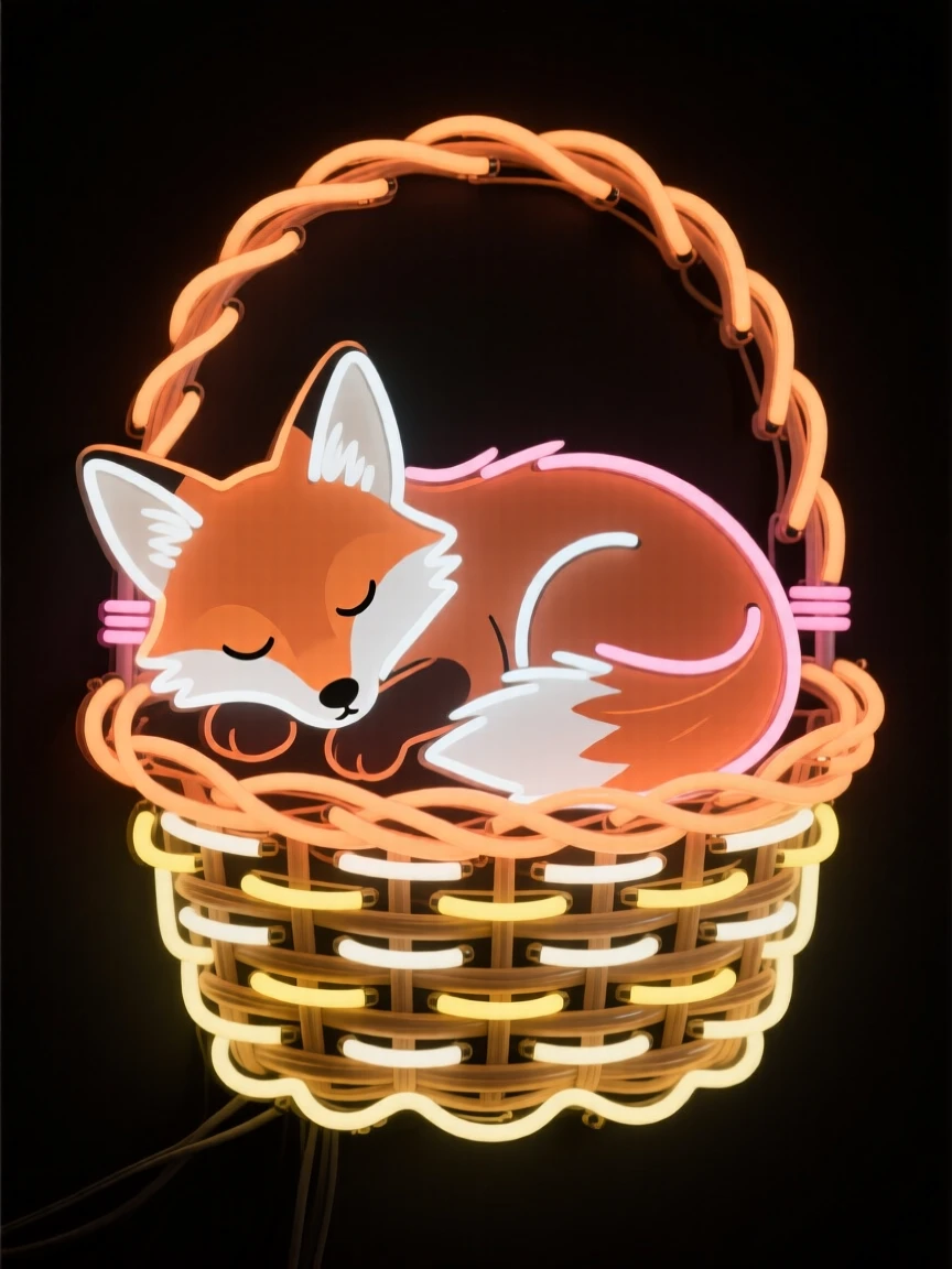 A baby fox curled up asleep inside a woven basket.