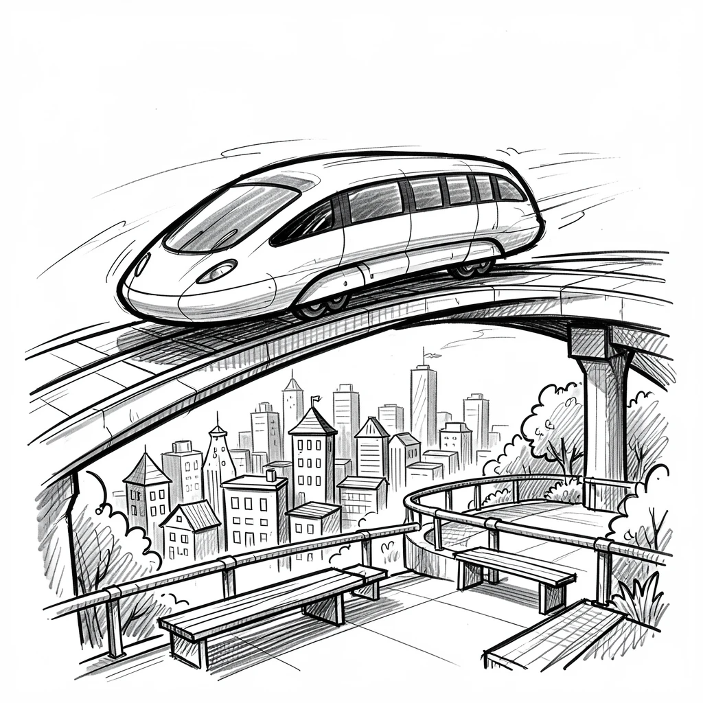A monorail gliding above a city parked beside a scenic overlook.