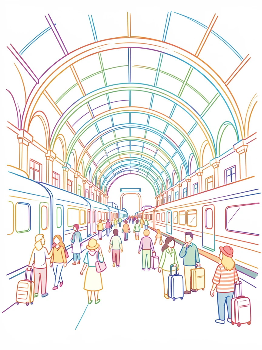 A bustling train station with a grand vaulted glass ceiling.