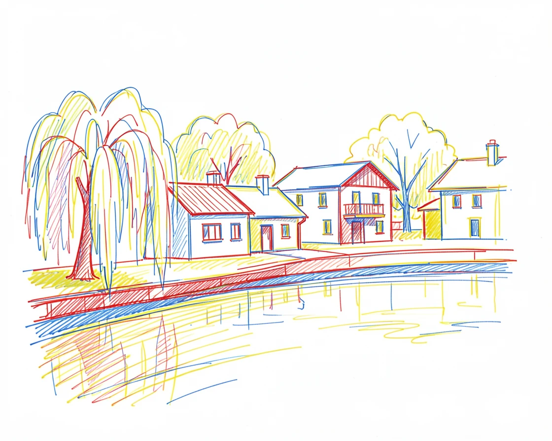 A quiet riverside town with weeping willows draping over the water