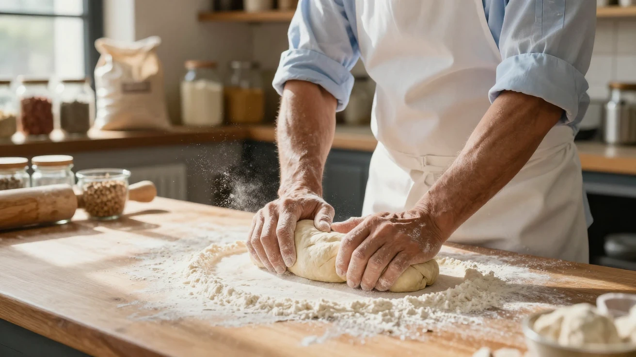 A baker kneading dough on a flour-dusted counter