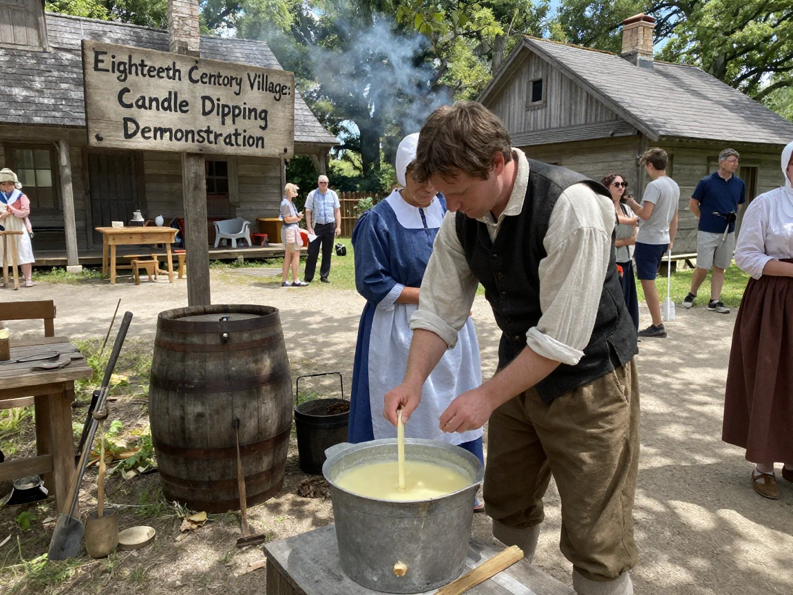 A historical reenactor demonstrates candle dipping at an eighteenth century village.