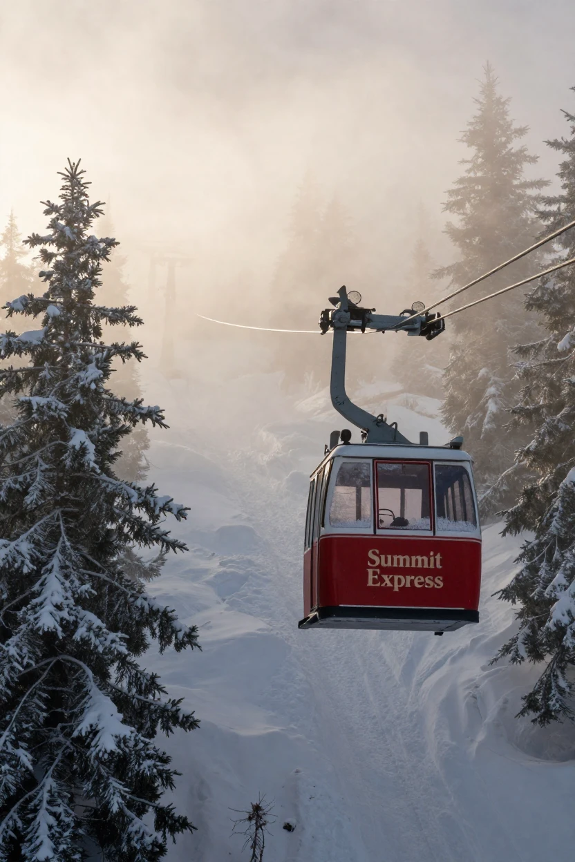A cable car ascending a snowy mountain slope through swirling mist
