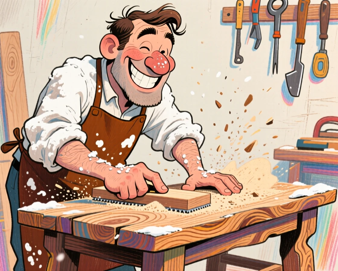 A woodworker sanding a handmade table, sawdust coating his apron.