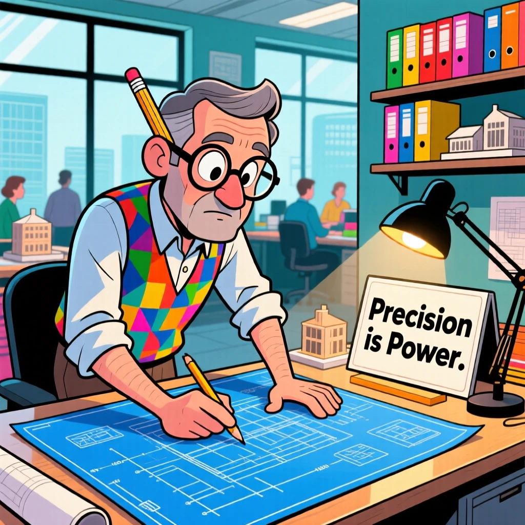 A vibrant profession-themed portrait of a meticulous architect carefully double-checking every last detail, in a bustling and colorful workplace.