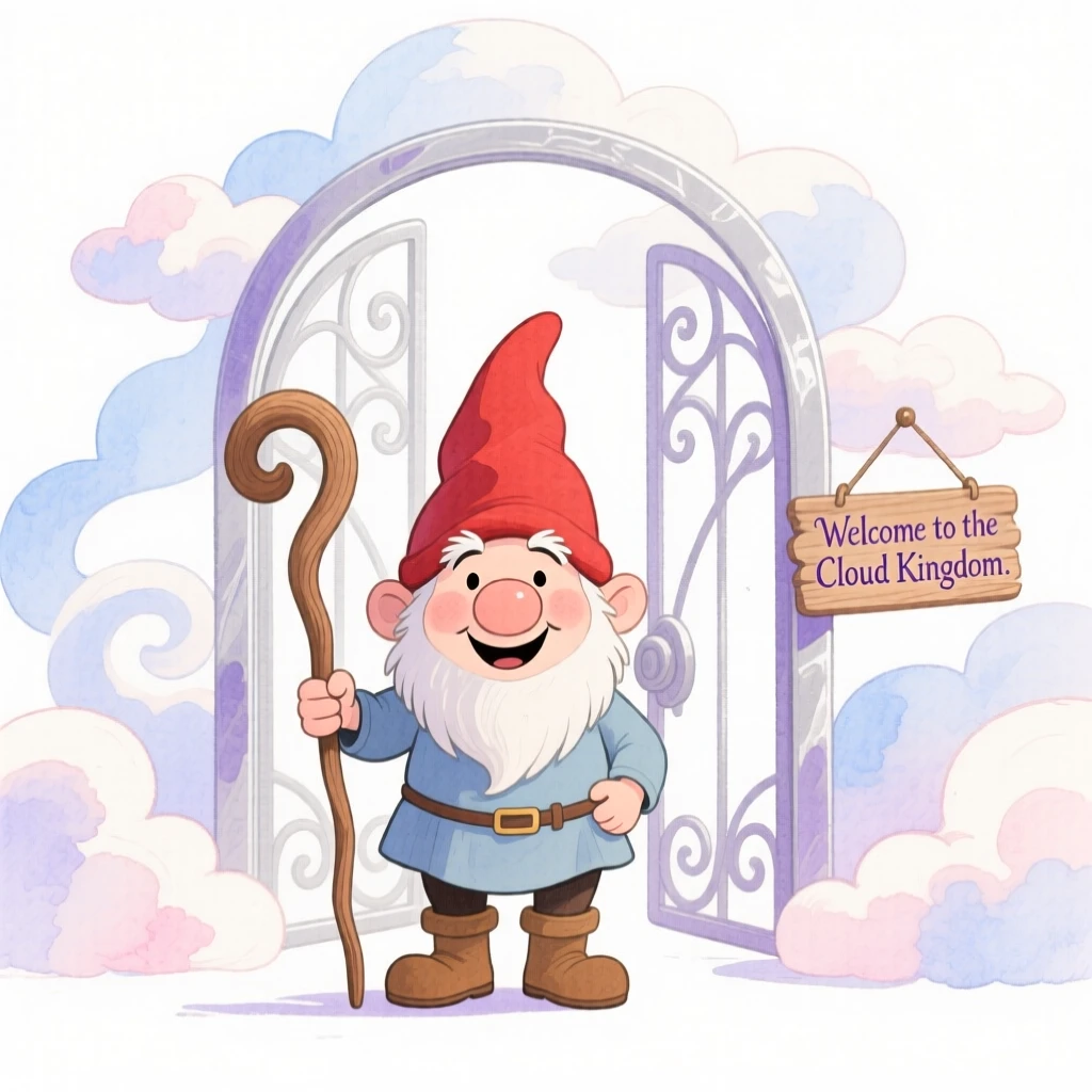 A garden gnome guardian standing guard at the gates of a cloud kingdom