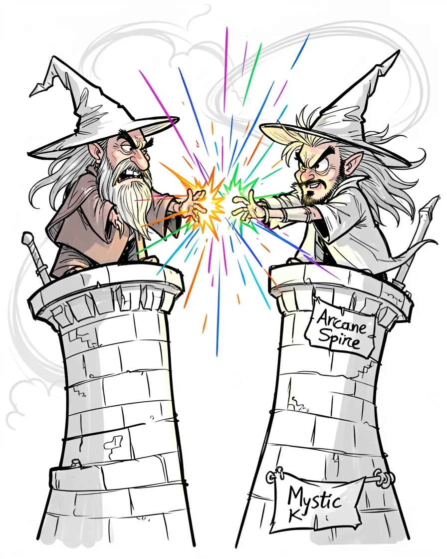 [Fantasy & Imaginative Scenarios] Imaginative fantasy scene of a wizard duel with colorful magic bolts crackling between two towers, brimming with wonder