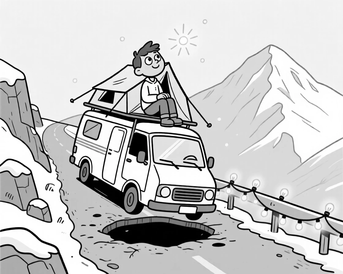 A camper stargazing from atop a van rooftop tent, wobbling precariously over a pothole, set at the peak of a snow-dusted mountain. Fairy lights twinkle along a nearby railing. It radiates wanderlust and the fun of getting a little lost.