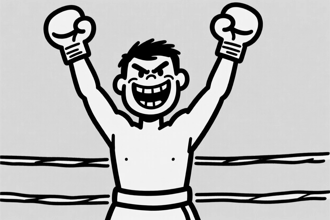 A boxer standing triumphantly in the ring, arms raised after winning a title bout.