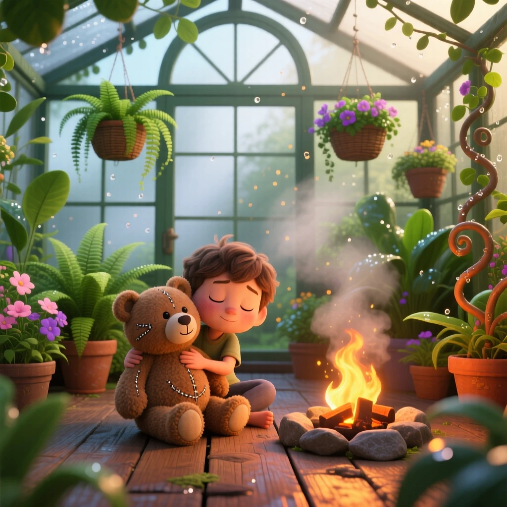 A child hugging a stuffed bear sits in a greenhouse filled with steam and plants, listening to the crackle of the fire. A deep sense of comfort and quiet contentment fills the room, with soft golden light spilling across the floor.