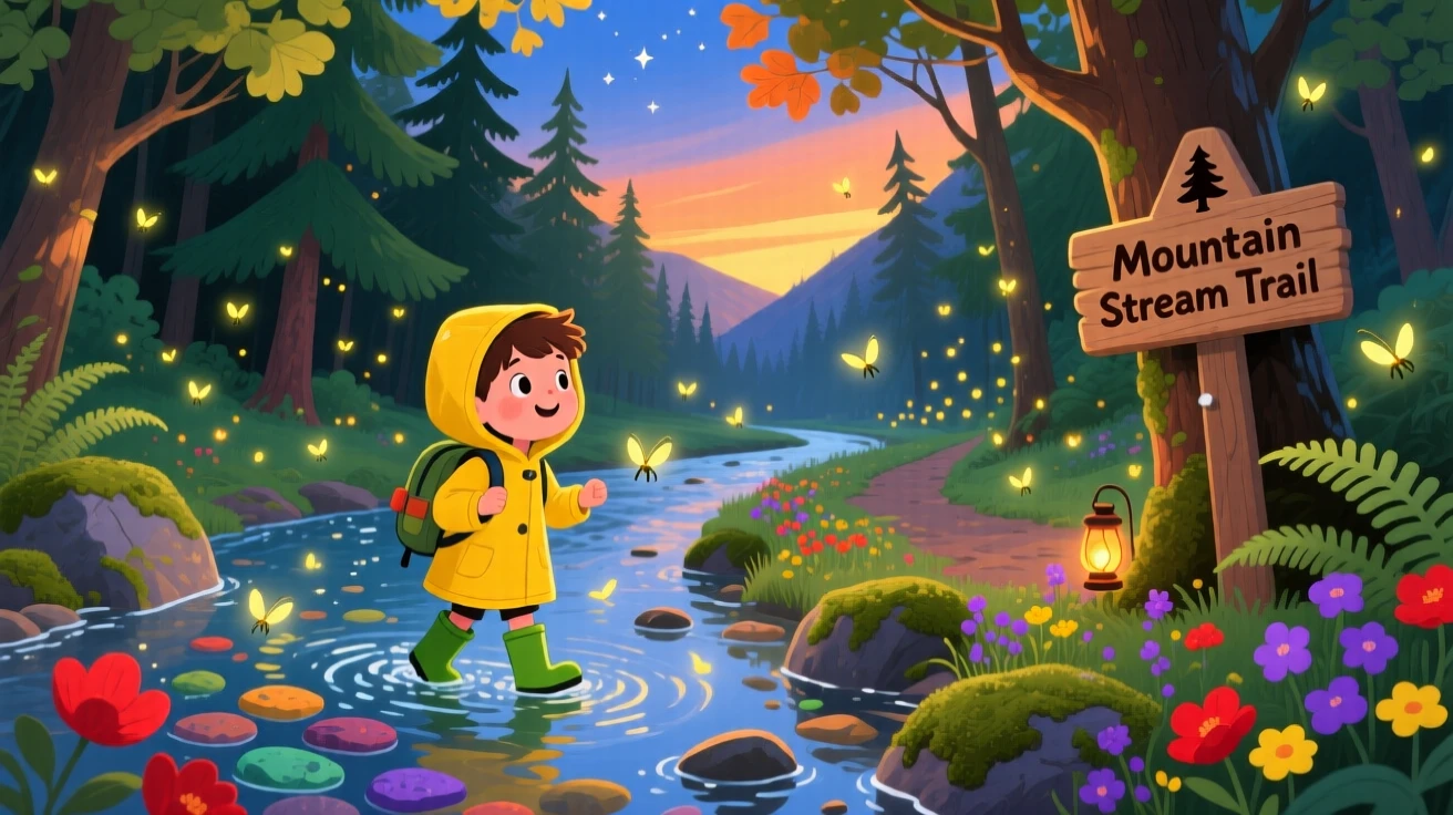 A curious camper spends the day wading through a shallow mountain stream through a winding forest path, as fireflies begin to appear at dusk.
