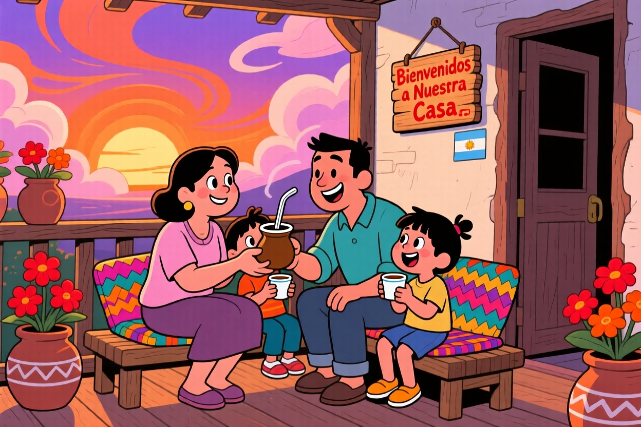 A family in Argentina sharing mate tea on a porch at sunset.