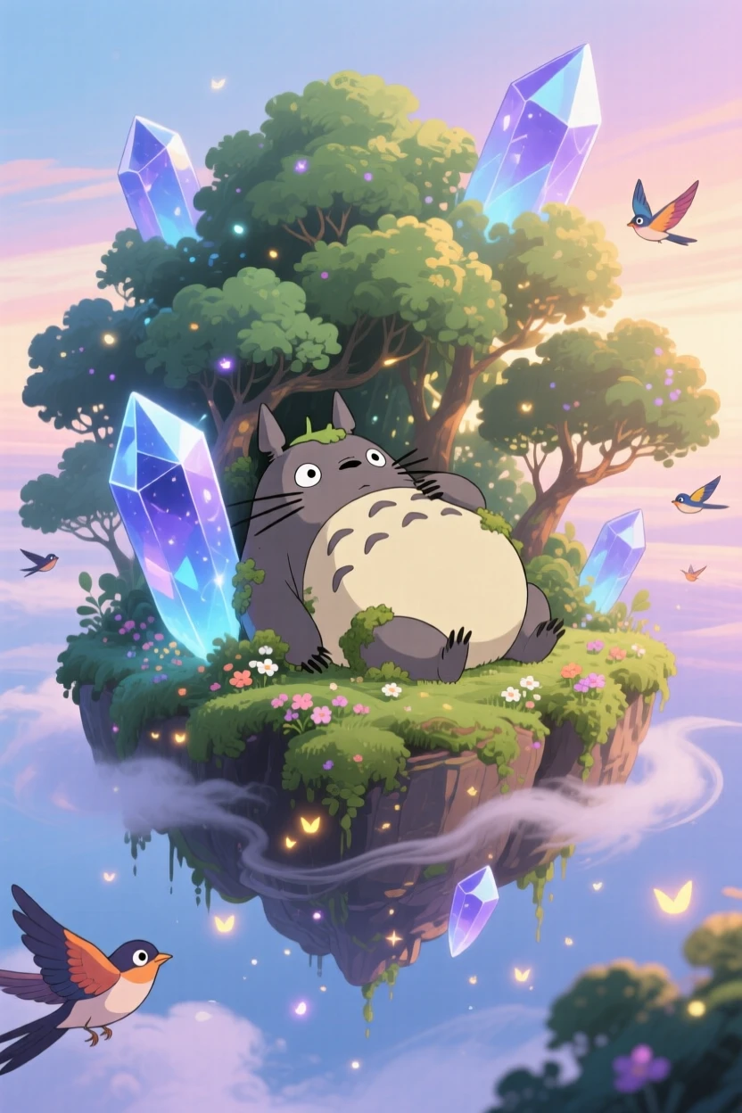 A floating island held aloft by glowing crystals, where a gentle giant resting among the treetops can be seen nearby, the atmosphere magical and full of wonder.