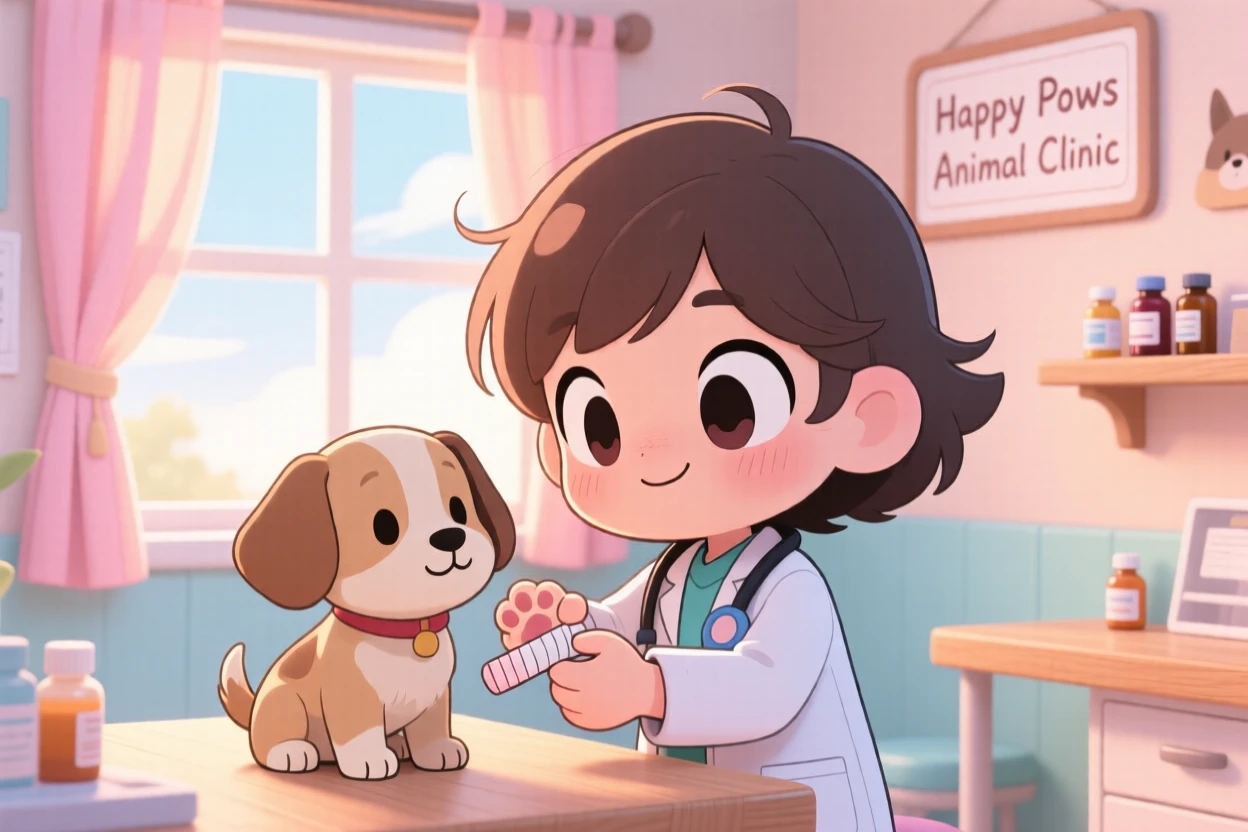 In a cozy animal clinic, a small veterinarian is bandaging a puppy's paw gently during a light summer breeze, bathed in soft pastel light of dawn, expression full of playful mischief. Shot as a close-up portrait.