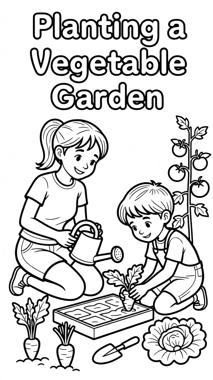 A mother helping her child plant a vegetable garden