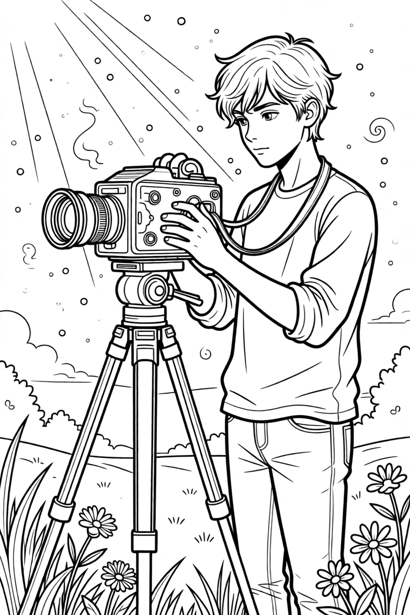 A photographer adjusting a vintage film camera, with dust motes drifting in a beam of light.