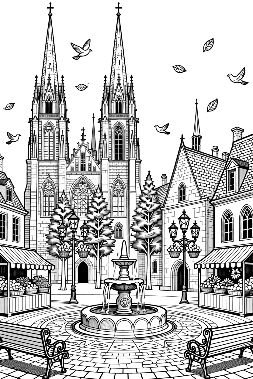 An old town square lined with Gothic spires.