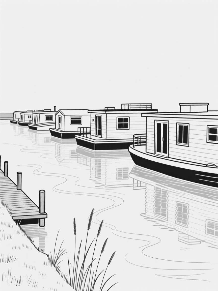 A row of houseboats docked along a peaceful canal