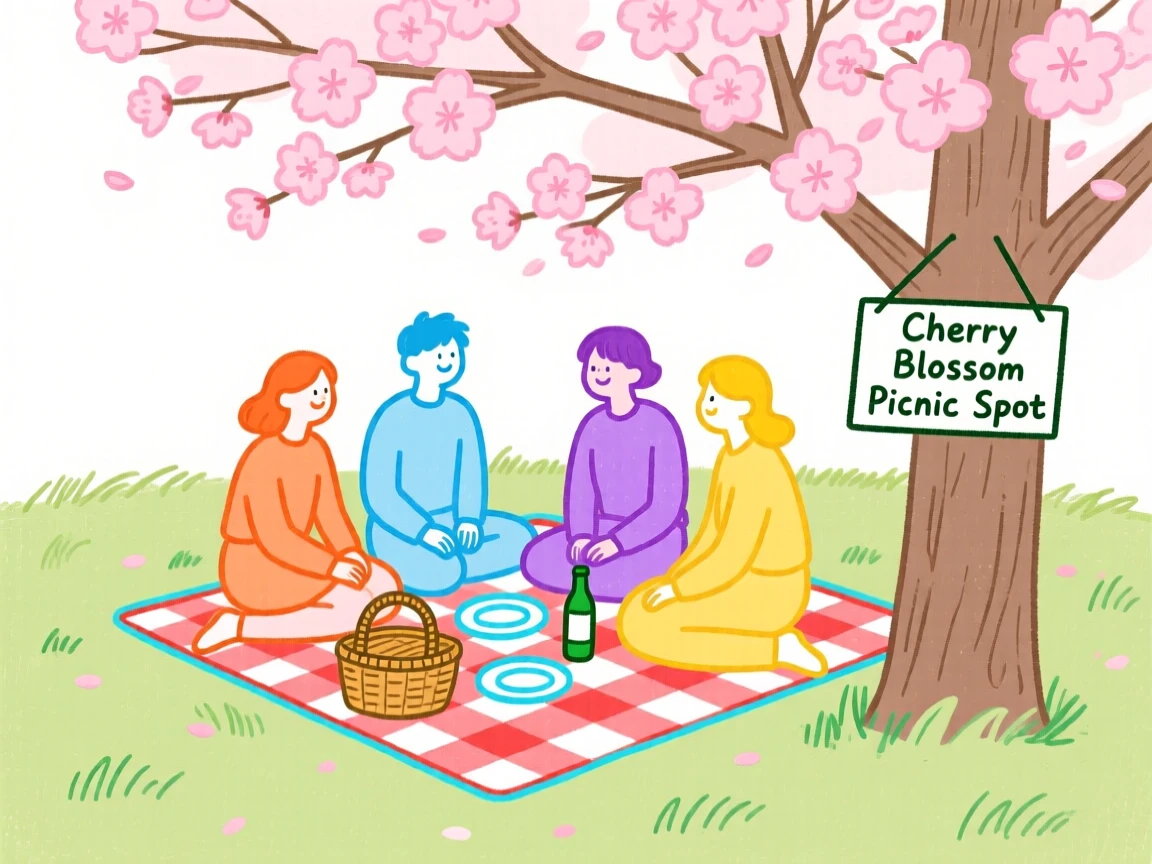 A group of friends having a picnic beneath cherry blossom trees.