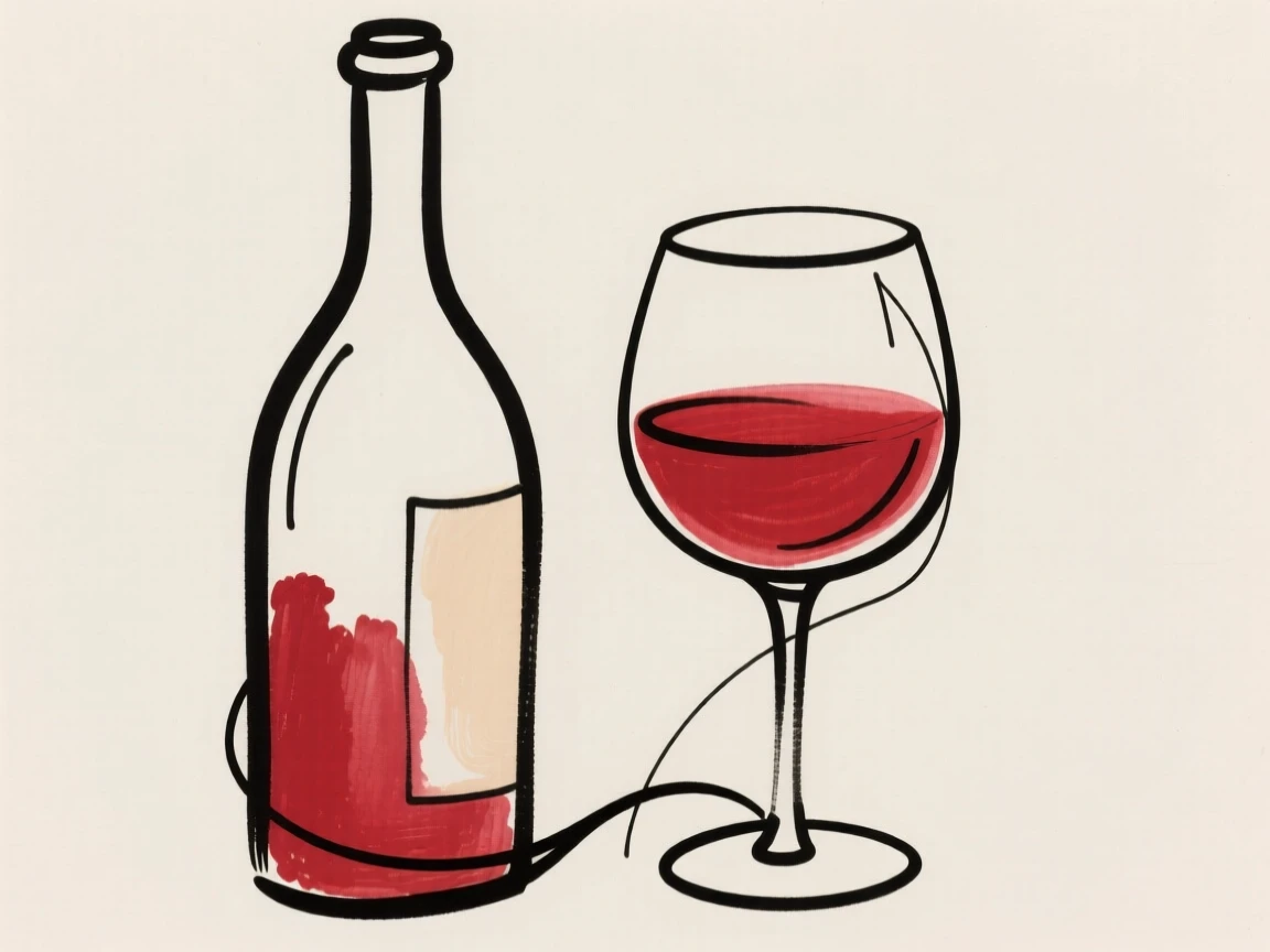 A glass of red wine beside a bottle