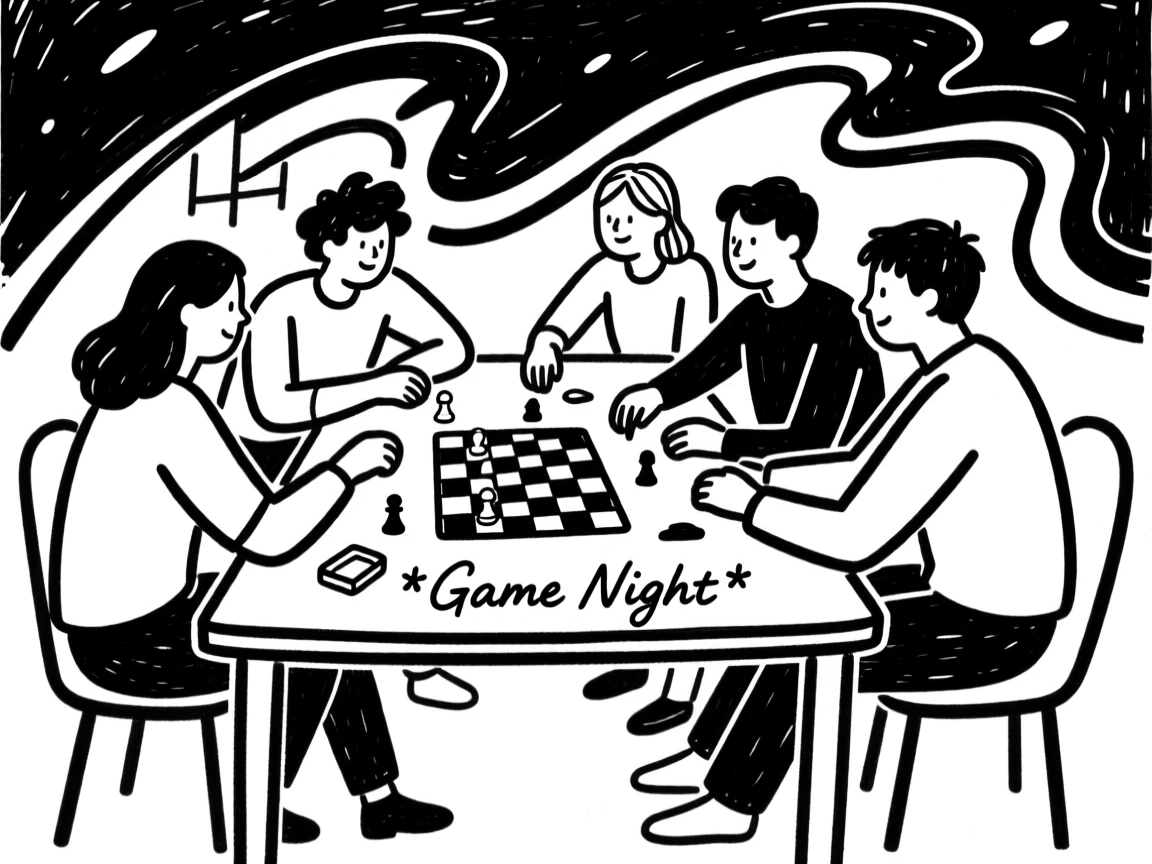 A group of friends playing board games around a table at night.