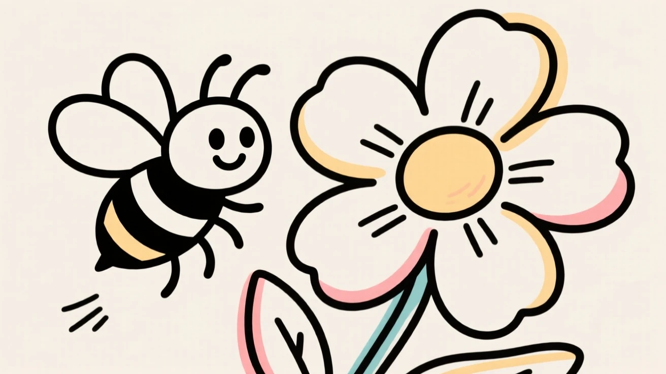 A cheerful cartoon bee buzzing beside a giant flower.