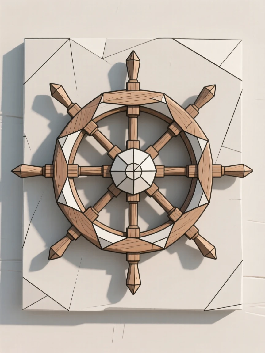 An old wooden ship's wheel mounted on a wall