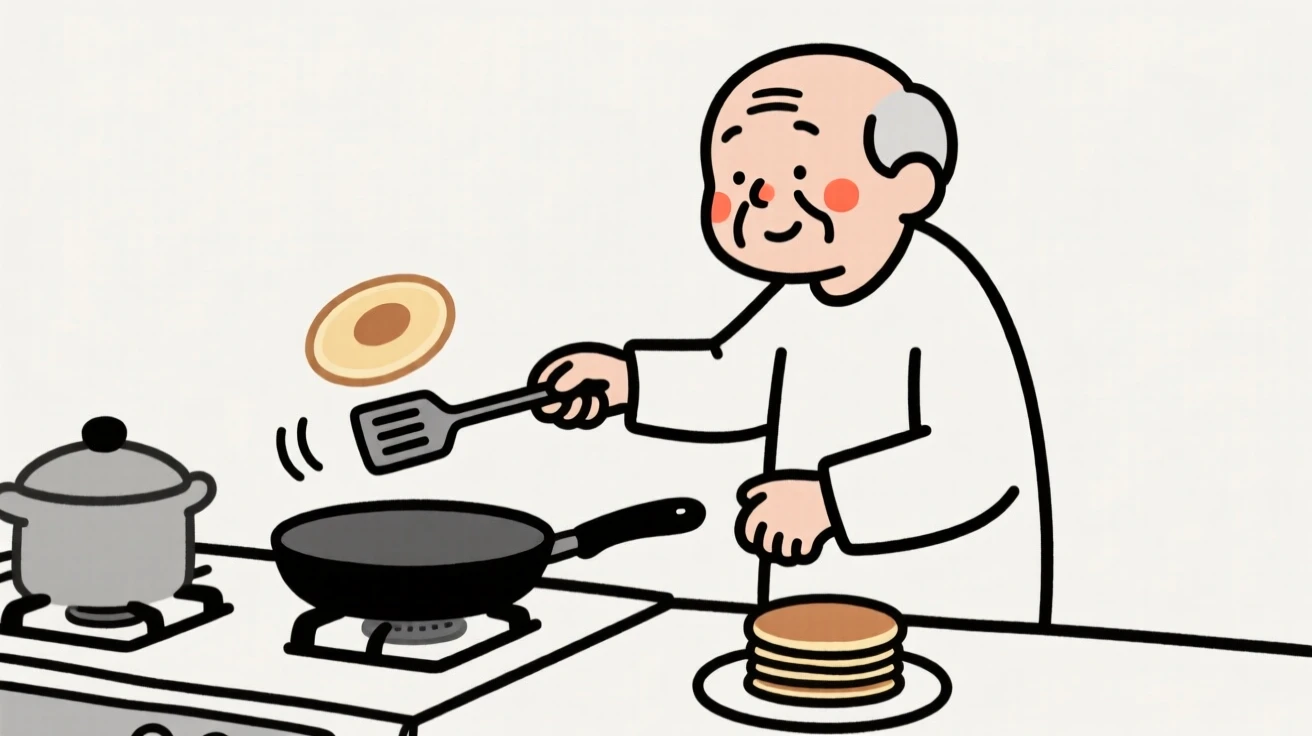 An elderly man flipping pancakes on a lazy morning.