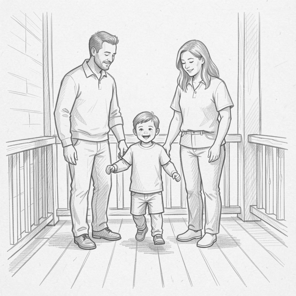 Parents watching their child take first steps, on a quiet front porch, wrapped in comfortable togetherness.