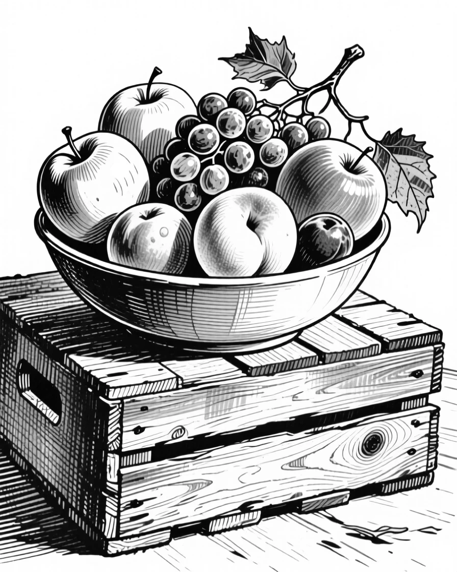 A bowl of ripe seasonal fruit arranged on a rustic wooden crate, with sunlight catching the glossy surface, presented in a fresh and vibrant culinary still life.