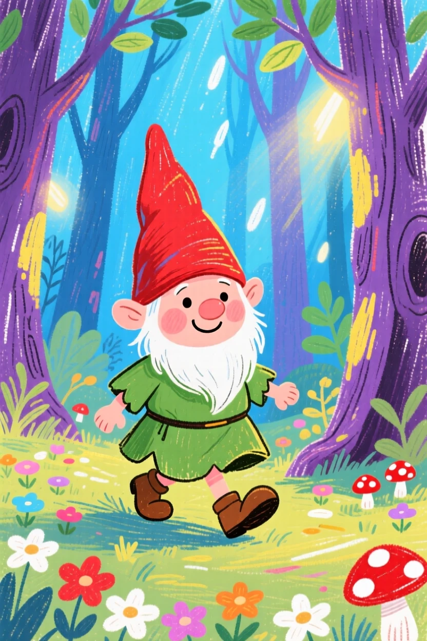A friendly gnome wandering through a glowing enchanted forest.