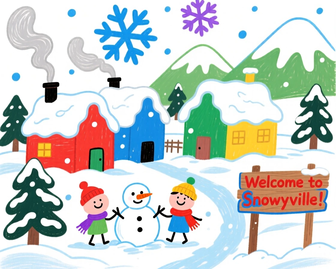 A quiet snowy village blanketed in white.