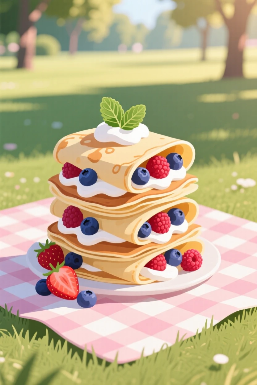 A stack of crepes filled with fresh berries and cream, arranged on a picnic blanket in a park, arranged with elegant simplicity and clean lines, with a joyful, celebratory feel.