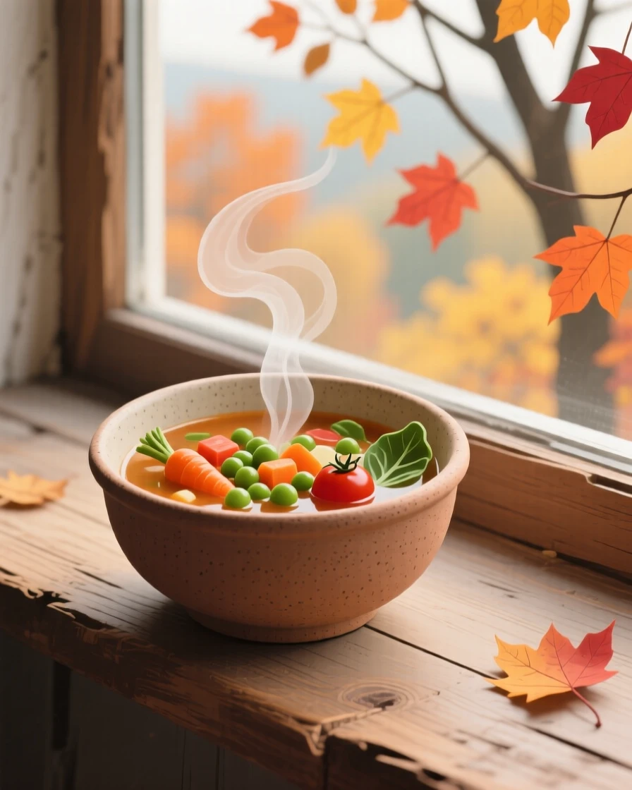 A rustic bowl of vegetable soup steaming on a windowsill in autumn.