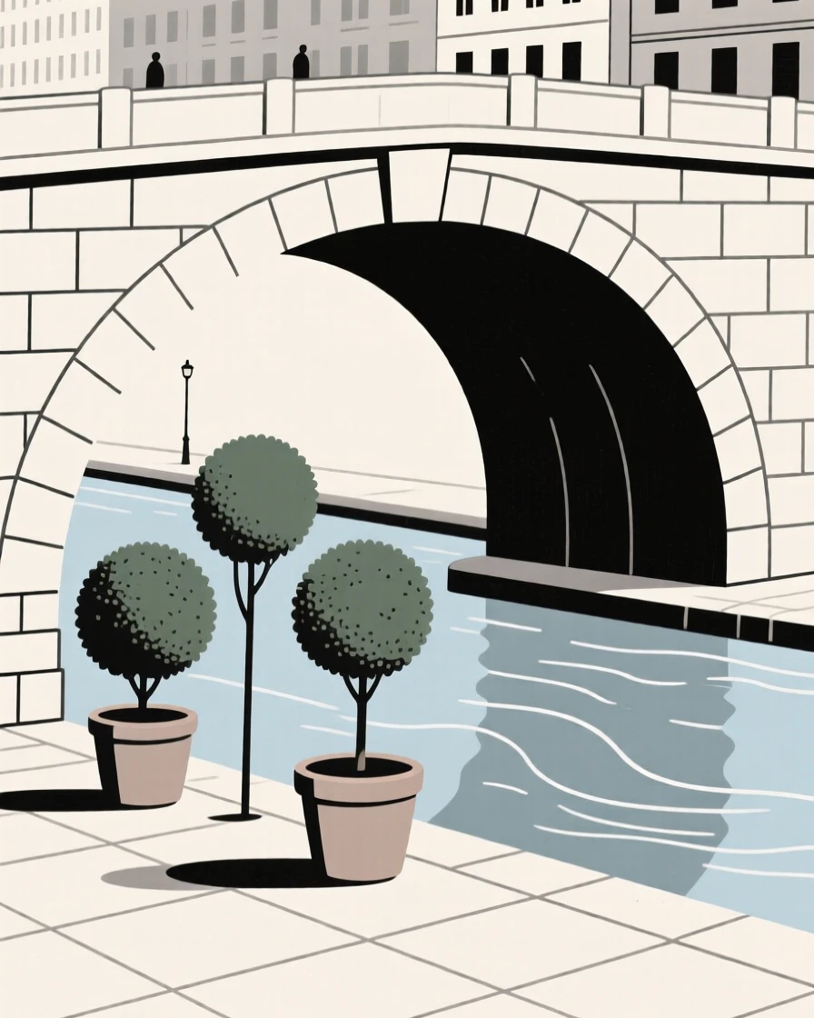 A quiet corner of a bridge arching over a river within a bustling downtown plaza, featuring potted topiary trees, full of historic charm.