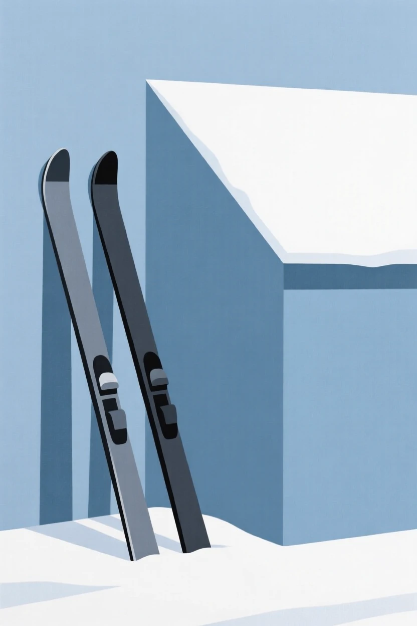 A pair of skis leaning against a snowy cabin