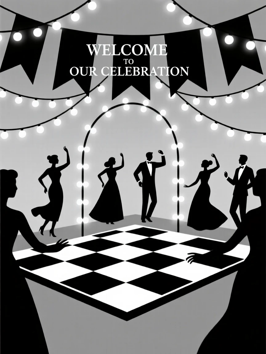 A wedding reception dance floor under fairy lights.