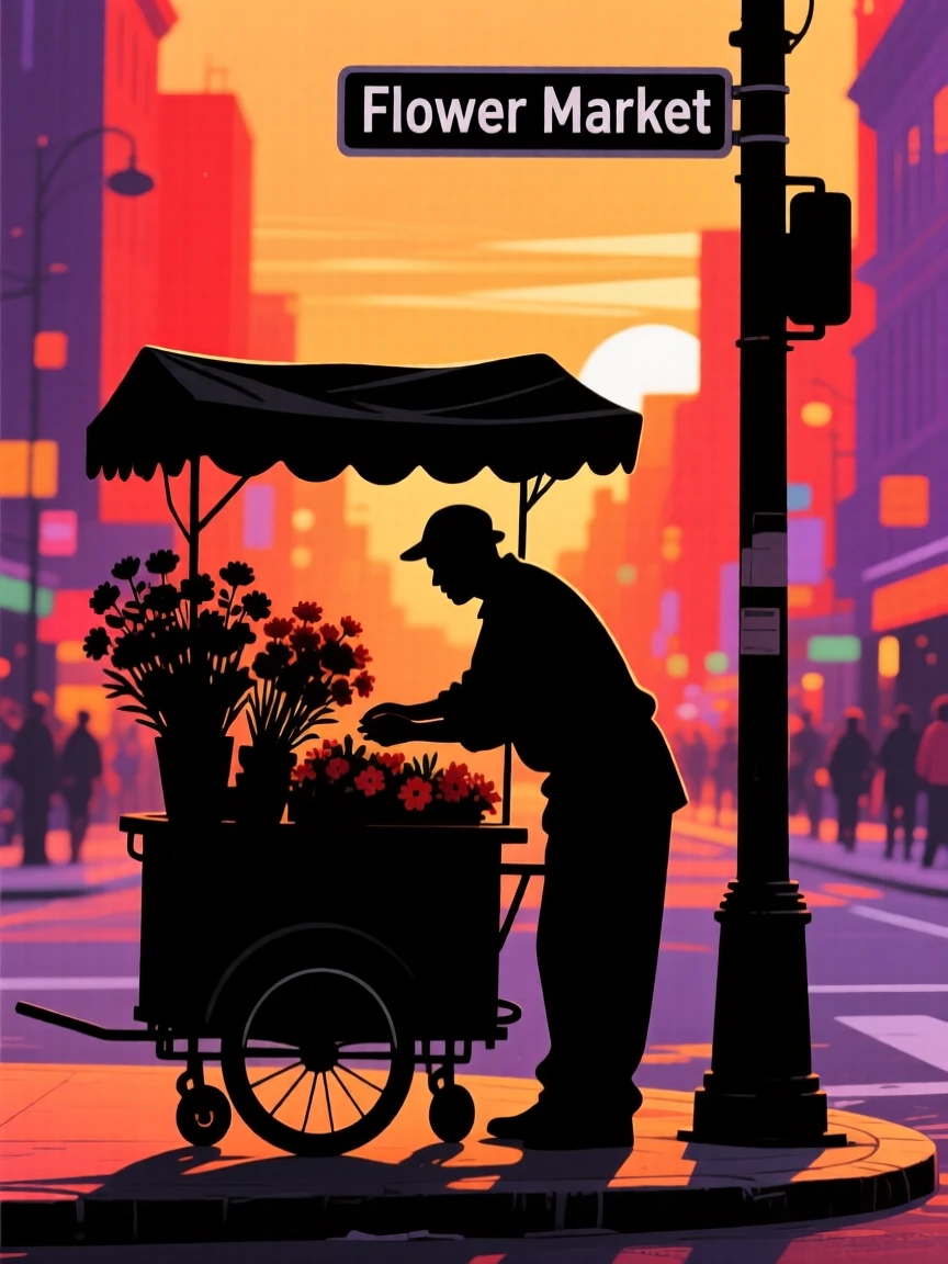 A street vendor selling flowers from a small cart on a busy corner.