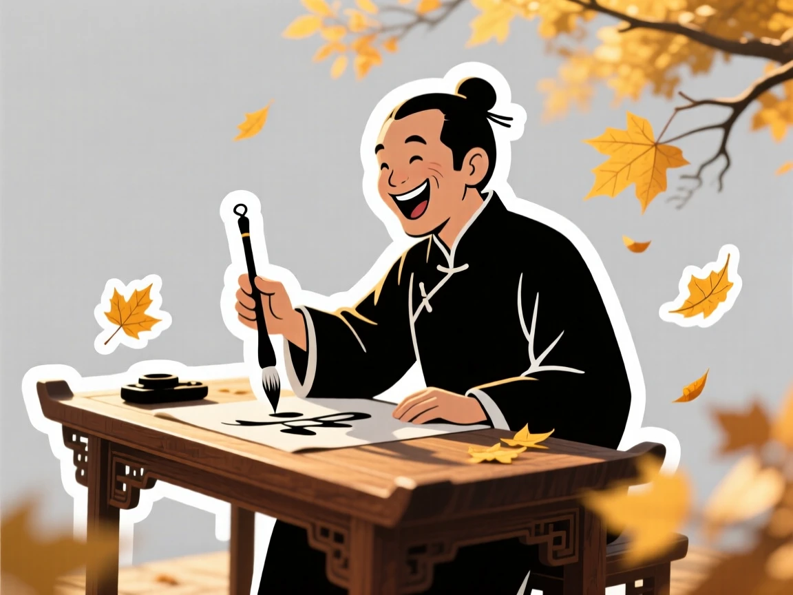 A beaming with excitement calligrapher writing with an ink brush, taking a short pause to admire their progress, during a golden autumn afternoon.