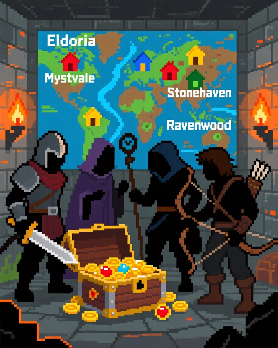 A party of four adventurers opening a treasure chest in a torch-lit room, on a colorful world map dotted with towns.