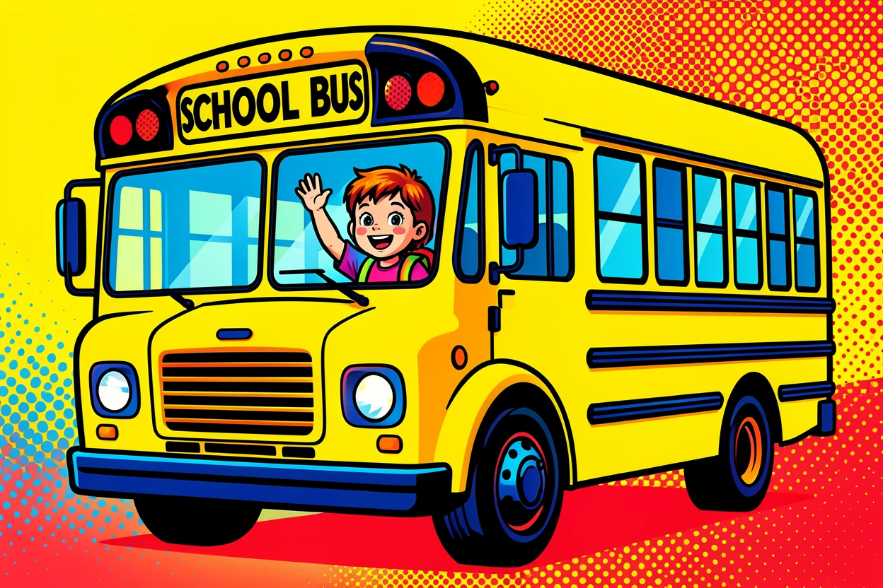 A child waving from a school bus window on the first day