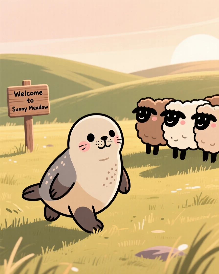 A small seal pup explores a sunlit pasture for the first time, taking wobbly first steps while a nearby flock watches with gentle patience.