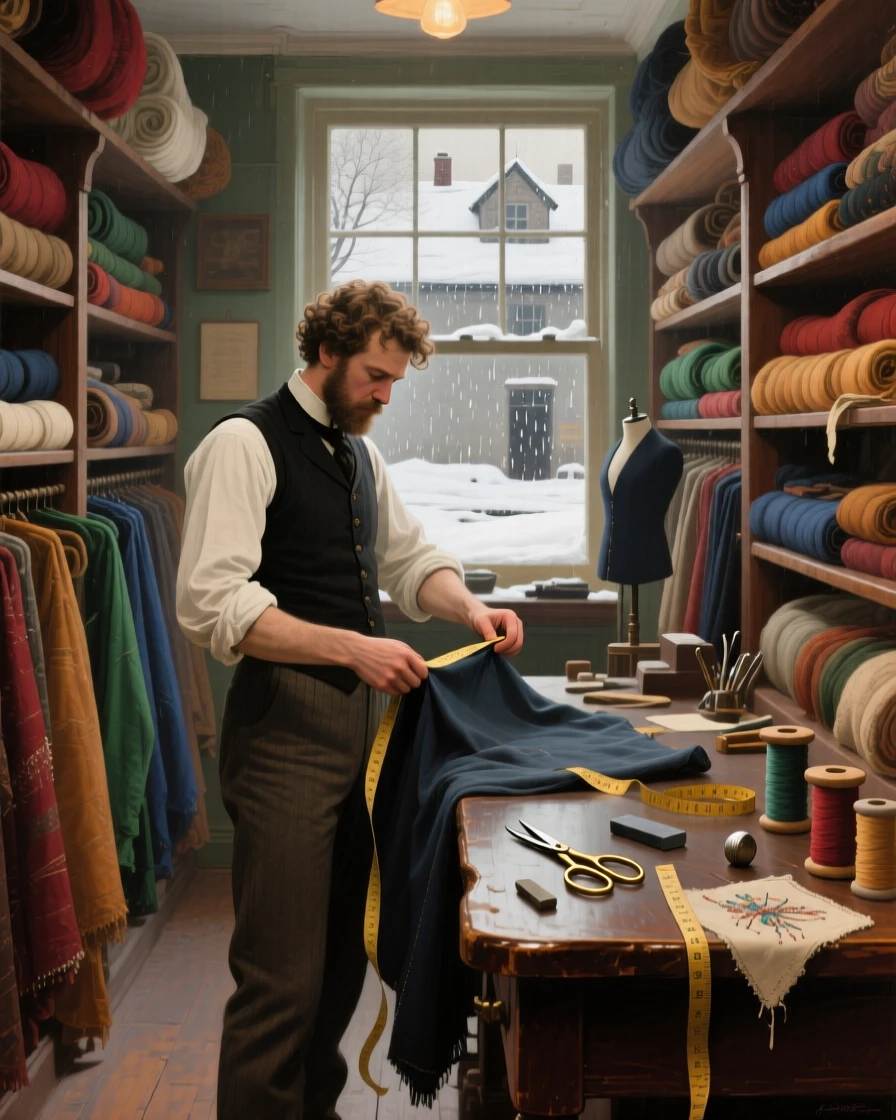 A panoramic view of a tailor measuring fabric in a narrow shop filled with bolts of cloth, under a fresh blanket of winter snow, during a gentle spring shower.