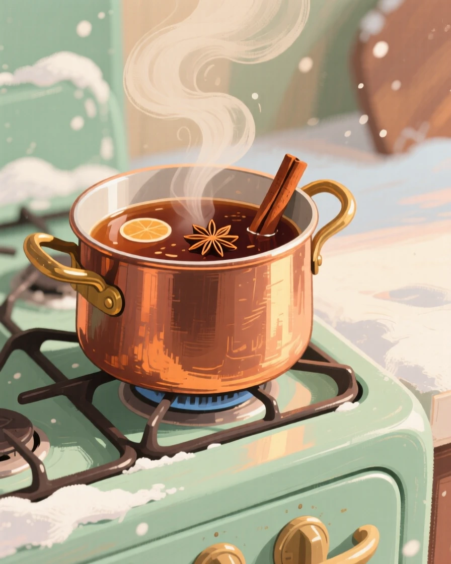 A copper pot of mulled cider simmering on a winter stovetop