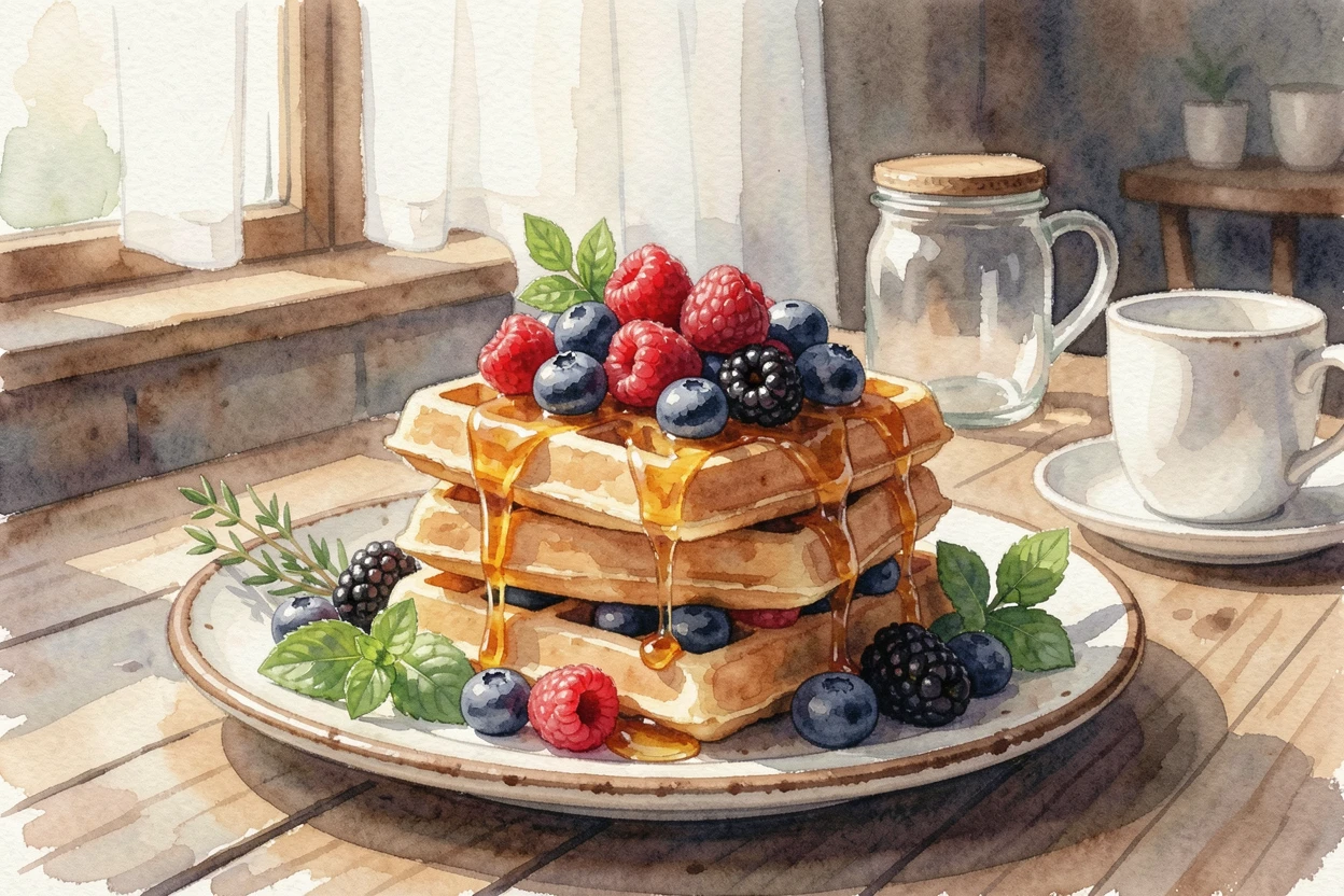 A stack of waffles with berries and honey in a cozy cafe setting garnished with fresh herbs.