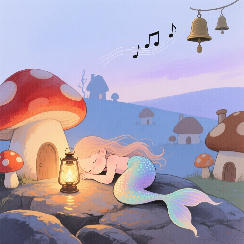 A tiny tiny mermaid curls asleep beside a glowing lantern in a village of tiny mushroom houses, as distant chimes ring softly in the wind