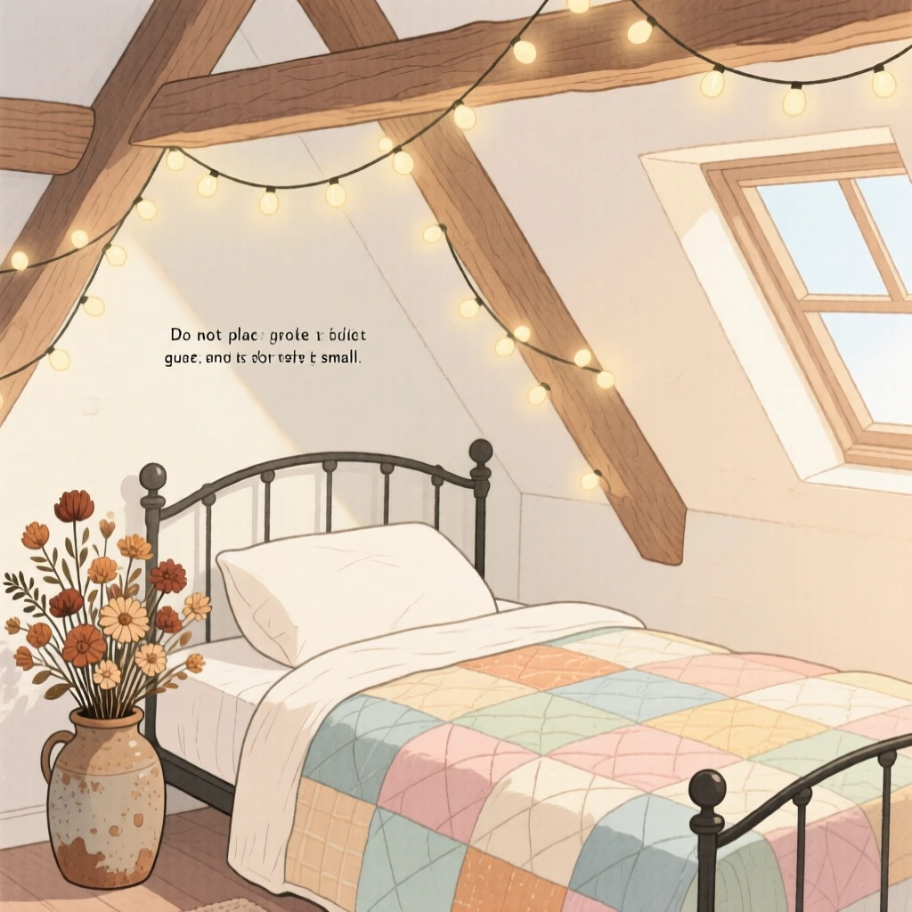 A cozy attic bedroom with fairy lights strung above a quilted bed, with dried flowers tucked into a small vase, filled with quiet gratitude for life's small pleasures.
