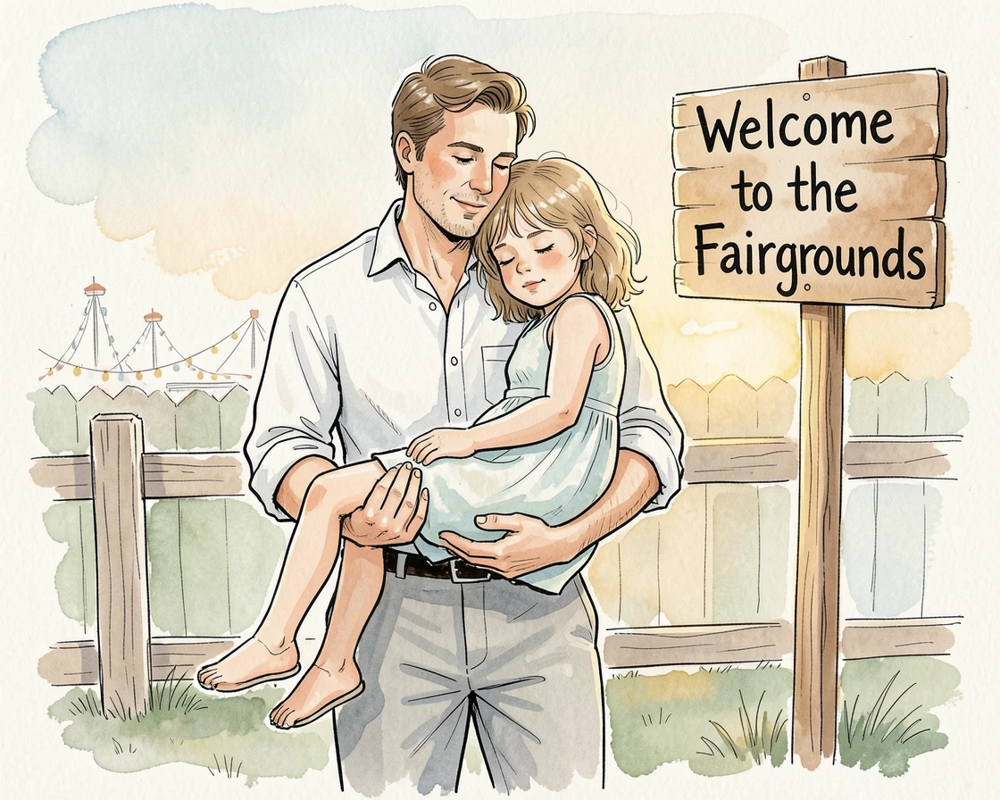A father carrying his sleepy daughter home after a day at the fair, a feeling of quiet contentment throughout the moment.
