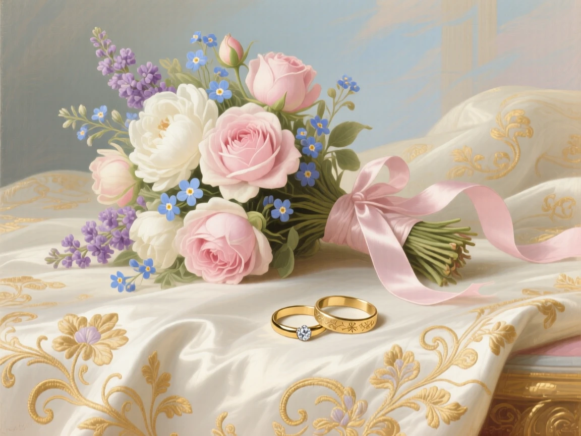 A wedding bouquet resting on embroidered fabric beside two rings  